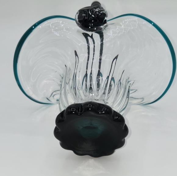 Vintage Clear & Turquoise Hand Blown Optic Glass Basket Applied Rope Handle - Picture 6 of 15